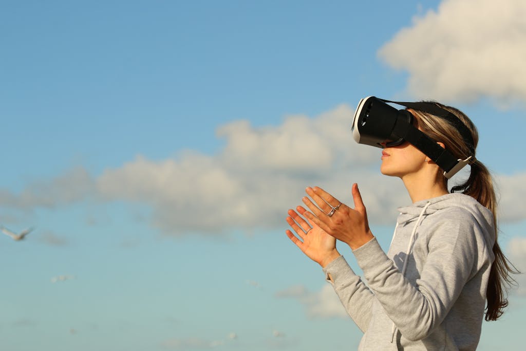 Woman Using Vr Goggles Outdoors